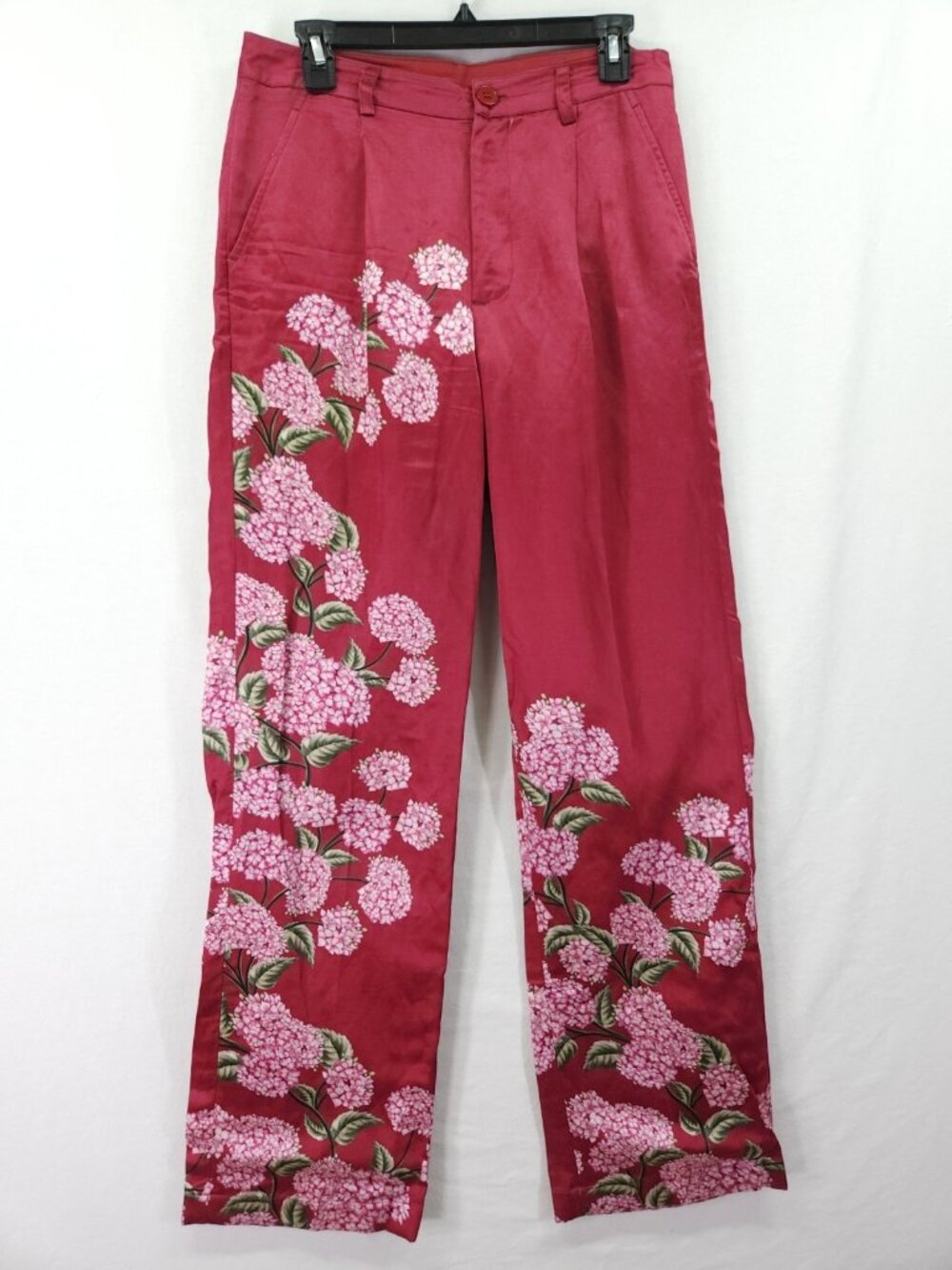 Perte d'ego Size Medium Red Pink Floral Hydrangea Wide Leg Pants 30x31 Luxury